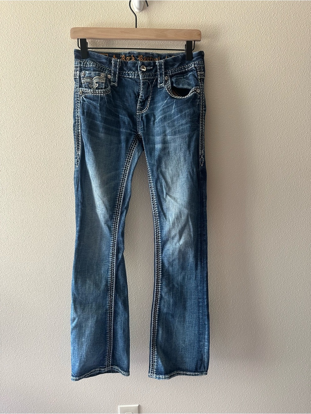 Rock Revival Betty mid rise bootcut jeans thick stitch rhinestone embroidered 26 - Picture 9 of 10
